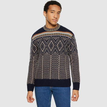 Knowledge Cotton Apparel M Faroe Isle Crew Neck Lambswool Knit Blue