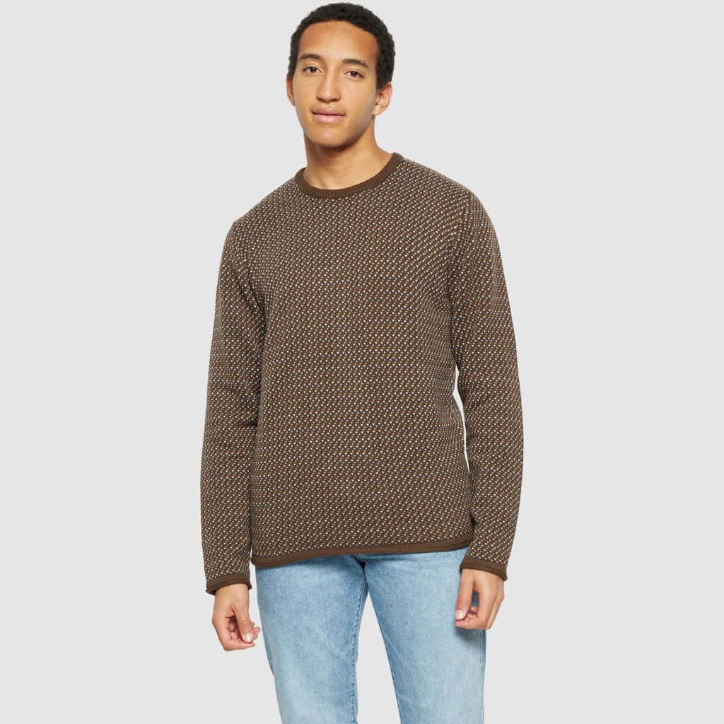 Knowledge Cotton Apparel M Jacquard Crew Neck Knit Brown