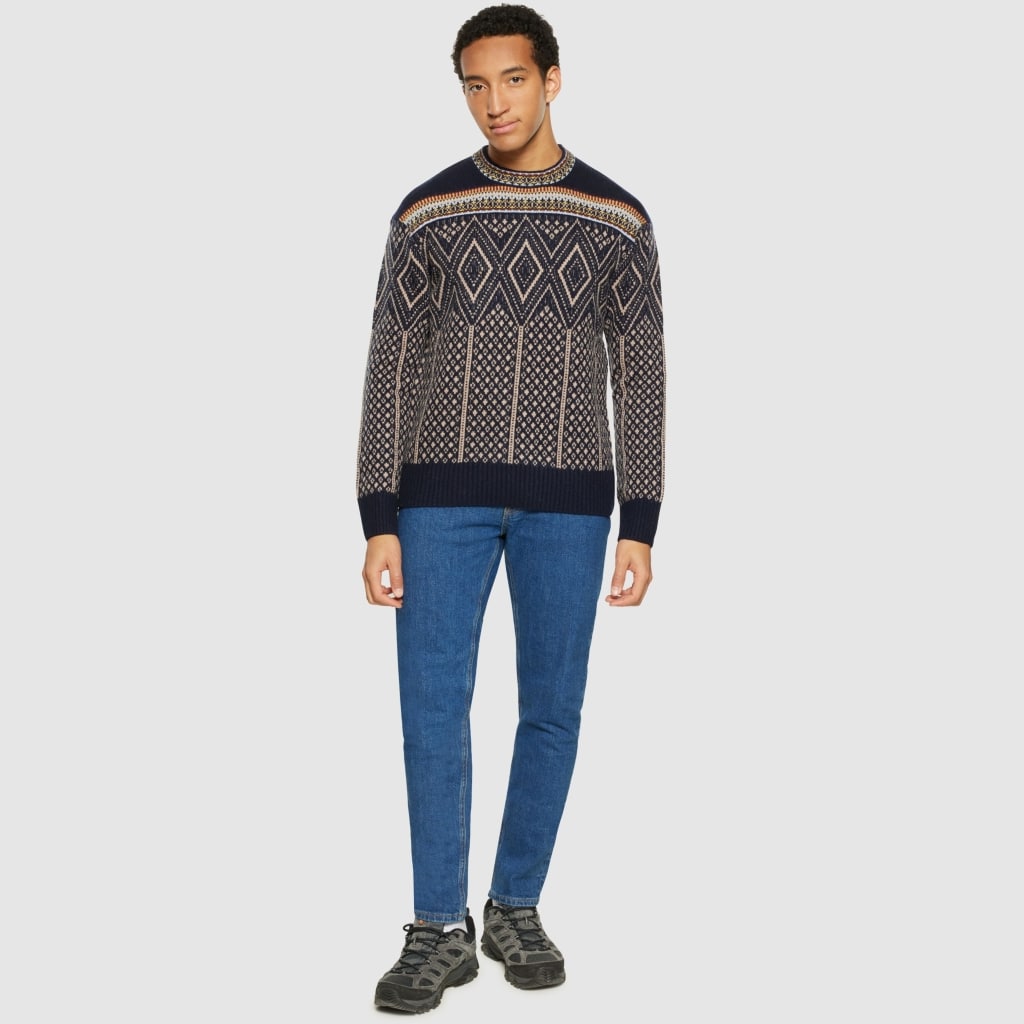 Knowledge Cotton Apparel M Faroe Isle Crew Neck Lambswool Knit Blue