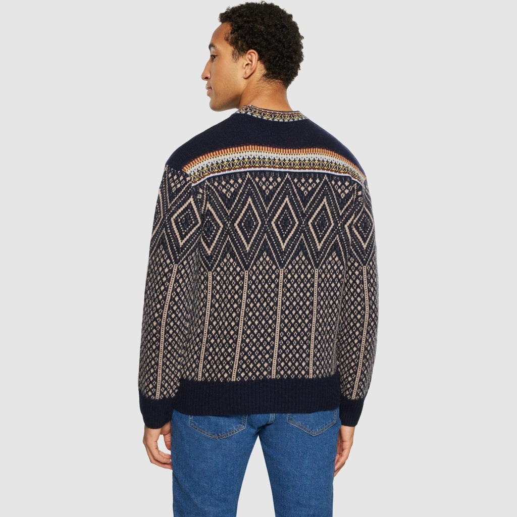 Knowledge Cotton Apparel M Faroe Isle Crew Neck Lambswool Knit Blue